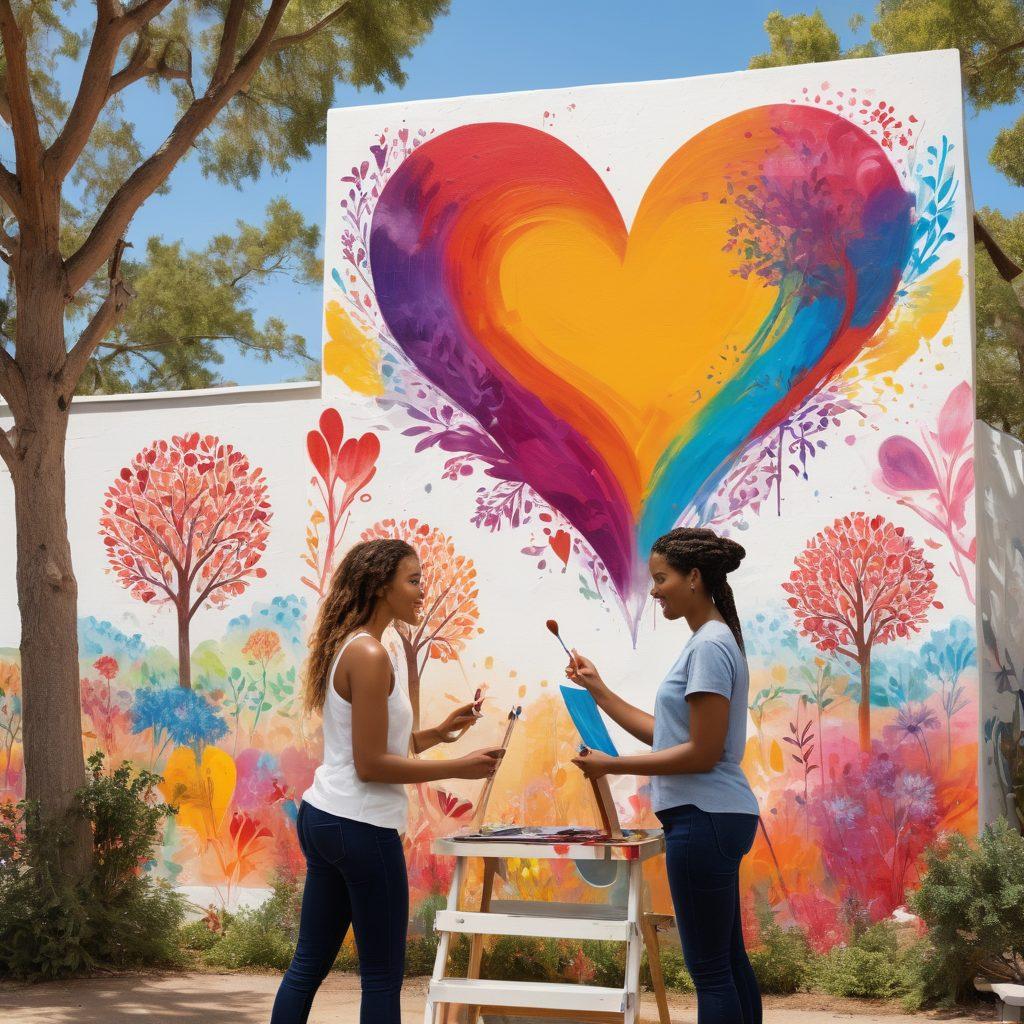 A collage of diverse individuals creating art together in a vibrant outdoor setting, surrounded by colorful murals that depict love and community. Include elements like paintbrushes, digital tablets, and heart symbols to represent affection. Capture a sense of joy and collaboration, with warm sunlight filtering through trees. super-realistic. vibrant colors. white background.
