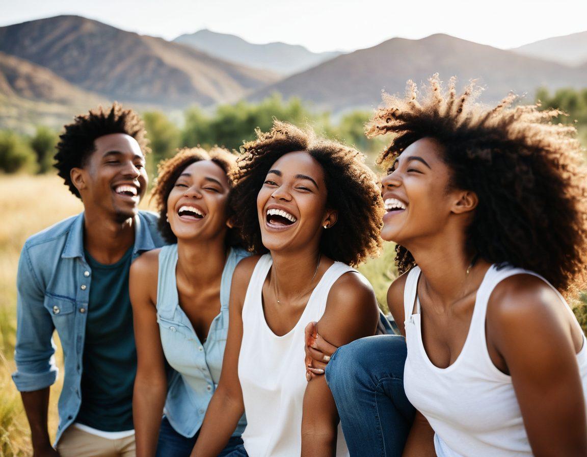 A dynamic scene featuring a diverse group of people laughing and sharing moments during a photography session, surrounded by vibrant landscapes. Capture the essence of genuine emotions through their expressions and interactions, with hints of camera equipment in the background. Incorporate soft natural lighting to enhance the warmth of the scene. super-realistic. vibrant colors.