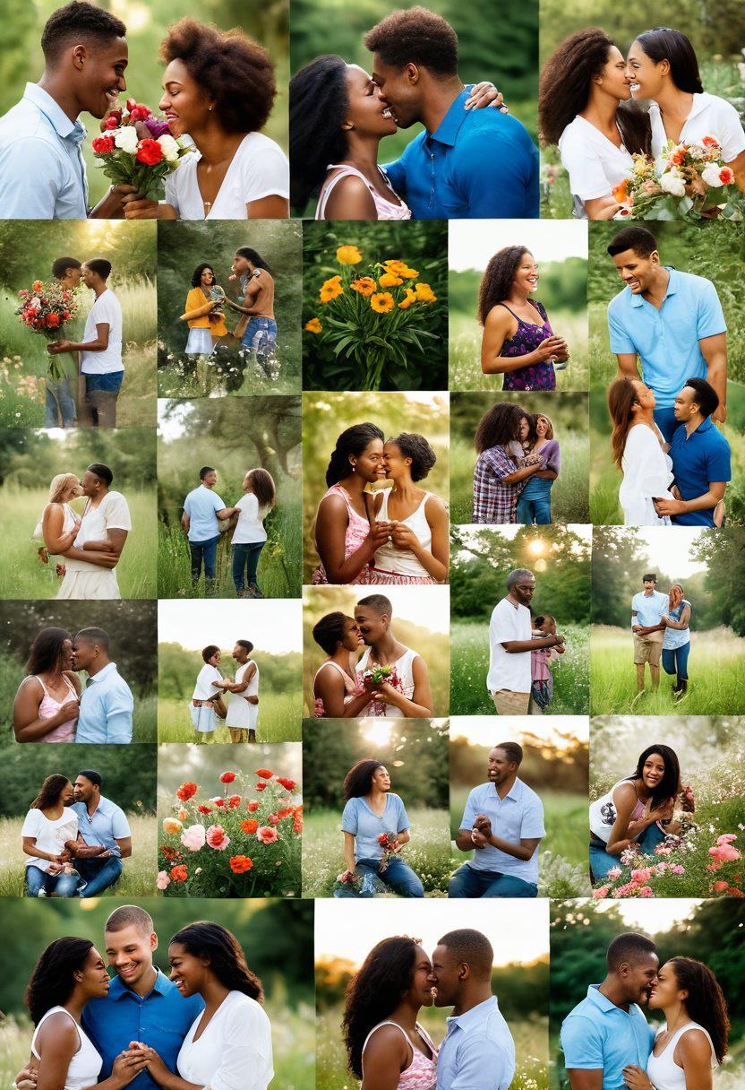 A collage of heartwarming romantic snapshots featuring diverse couples capturing affectionate moments in nature and urban settings. Include elements like flowers, laughter, and candid interactions, highlighting community engagement with joyful gatherings. Use soft, warm lighting to evoke intimacy and connection. Incorporate subtle digital art effects for an artistic touch. vibrant colors. soft focus.